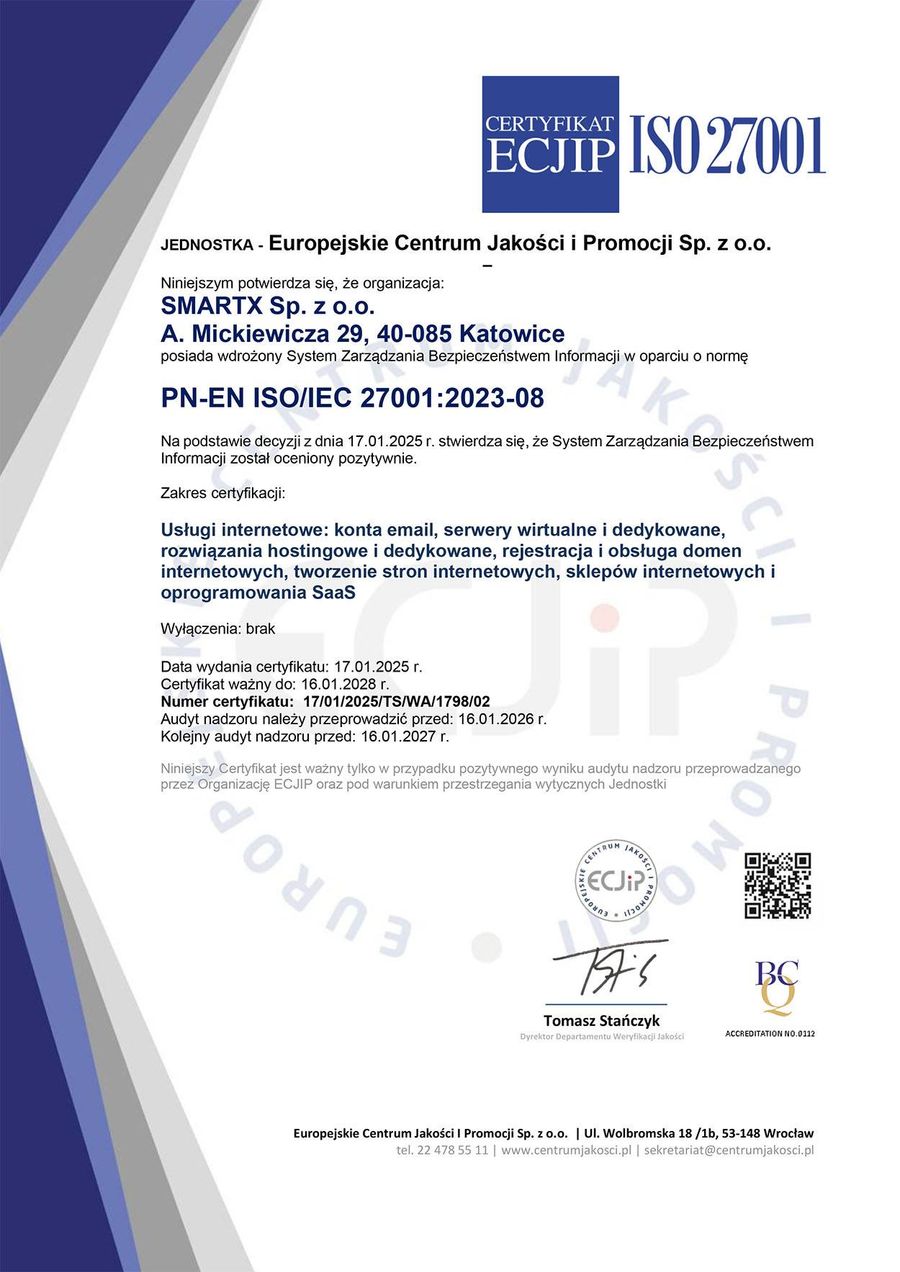 Certyfikat ISO 27001 - Smartx