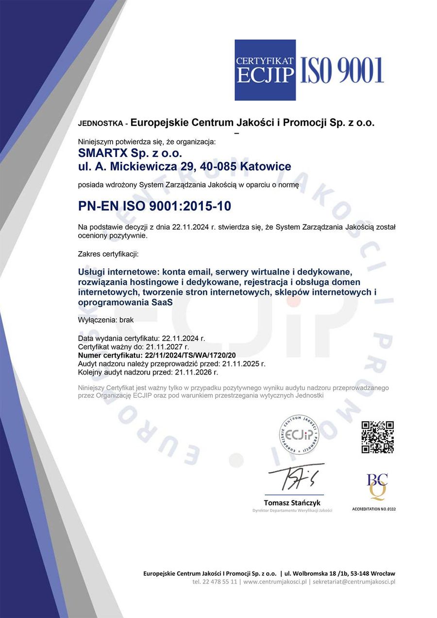 Certyfikat ISO 9001 - Smartx